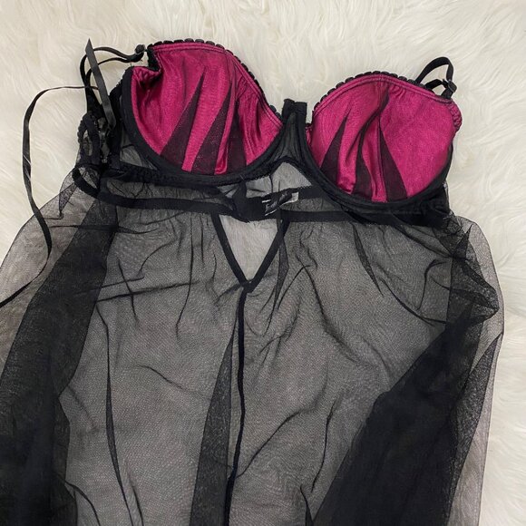 Fredericks Of Hollywood Sheer Black Babydoll Lingerie With Pink Satin Accents - Picture 2 of 5